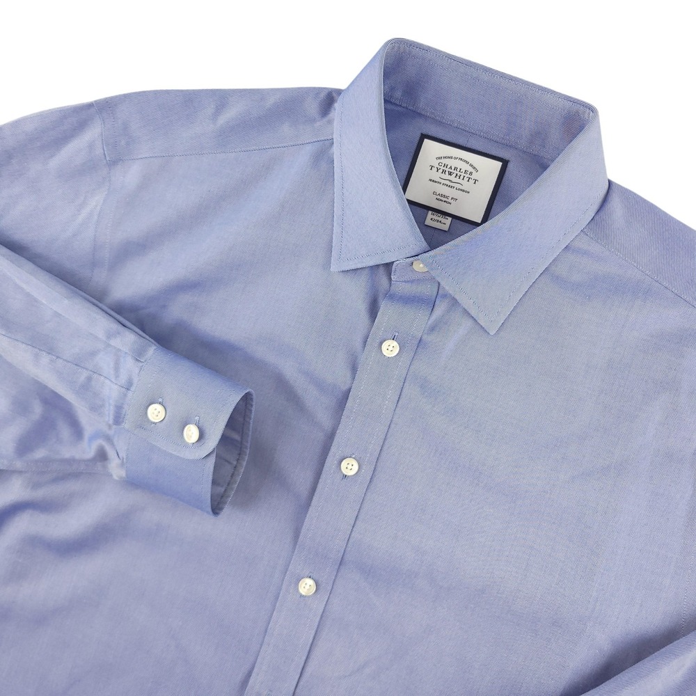 Charles Tyrwhitt Dress Shirt Mens 16.5 32/33 Blue Solid Classic Fit Non Iron